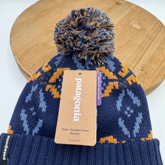 Patagonia Kids' Powder Town Blue Geometric Beanie Winter Hat NWT - Picture 2 of 8